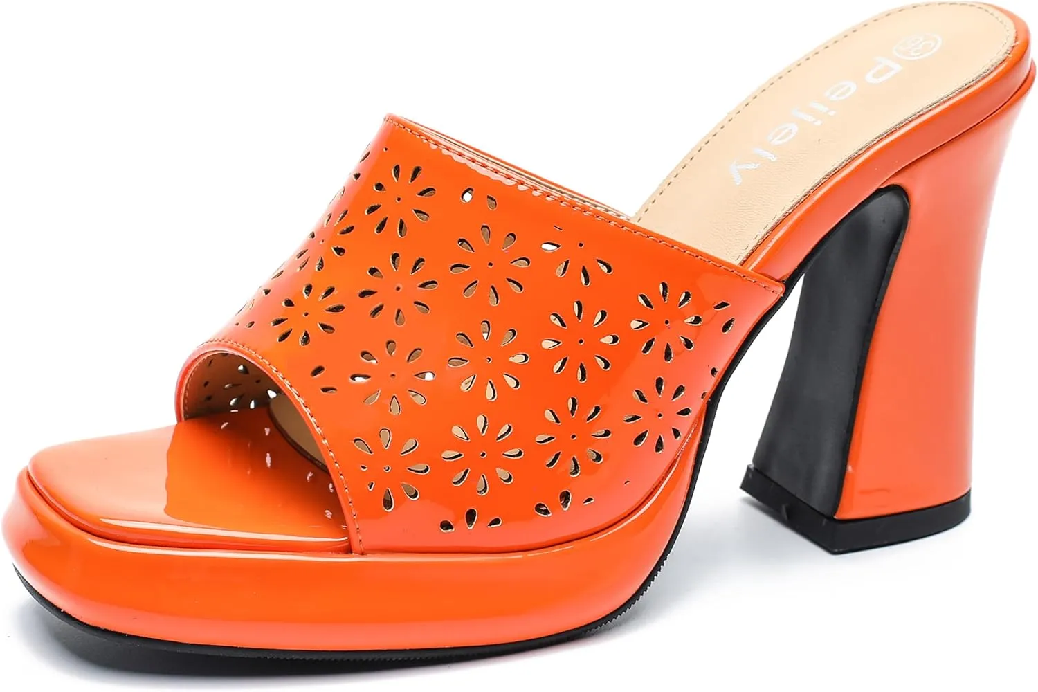 Womens Hollow Out Platform Heels Flower Square Toe High Chunky Heeled Mule Dress Party Sandals
