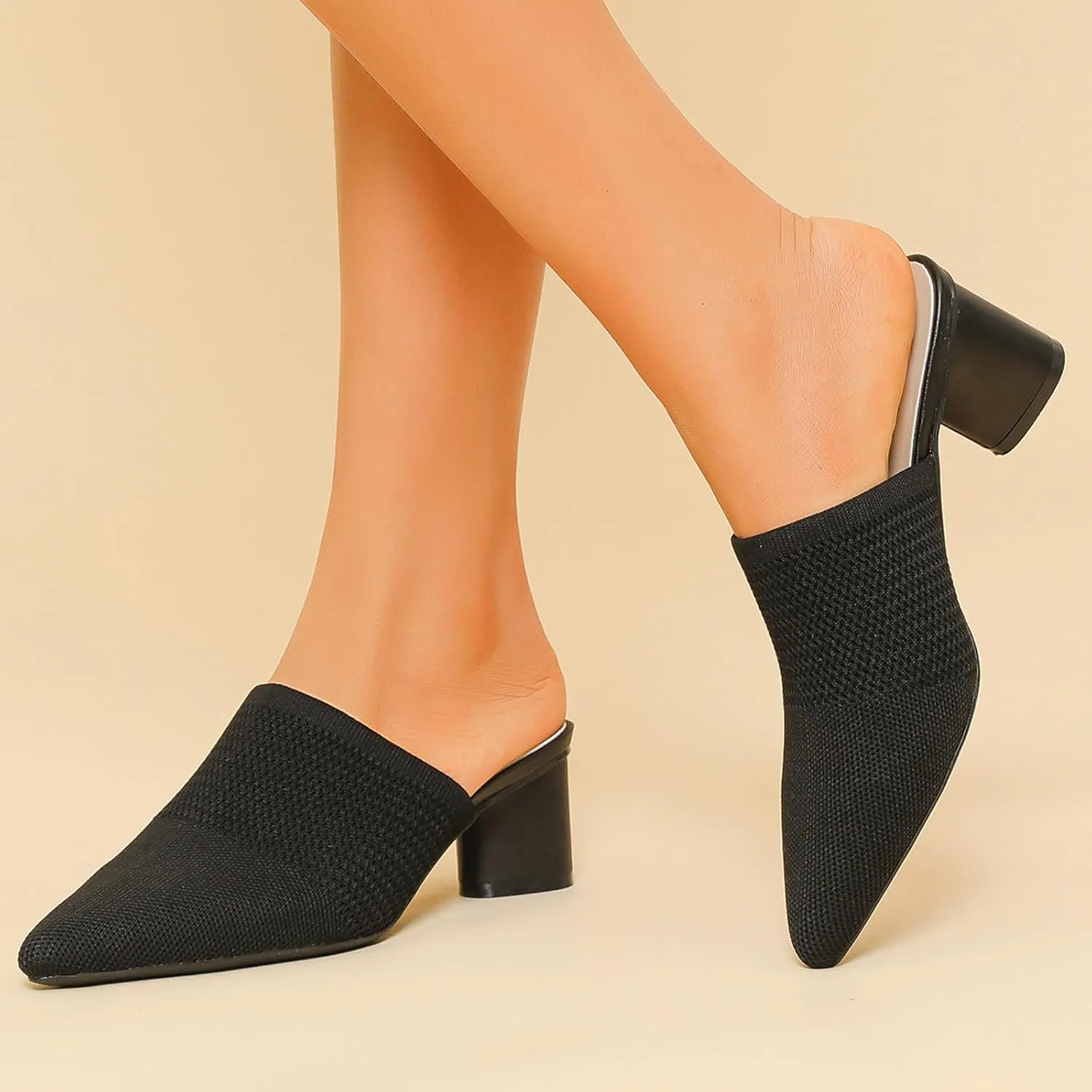 Women’s Knit Mesh Backless Chunky Heel Mules Closed Pointed Toe Slip On Mid Block Heel Dress Pump Sandals Summer Breathable Office Daily Slippers