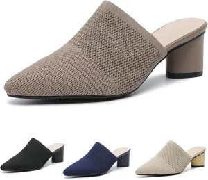 Women’s Knit Mesh Backless Chunky Heel Mules Closed Pointed Toe Slip On Mid Block Heel Dress Pump Sandals Summer Breathable Office Daily Slippers