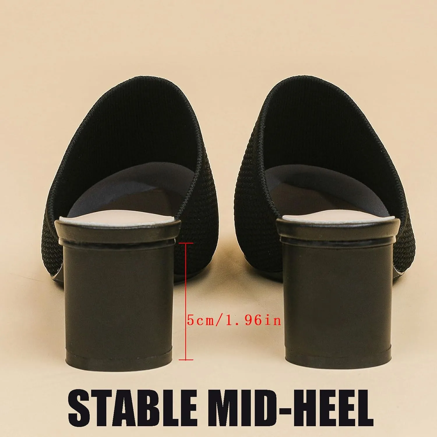 Women’s Knit Mesh Backless Chunky Heel Mules Closed Pointed Toe Slip On Mid Block Heel Dress Pump Sandals Summer Breathable Office Daily Slippers