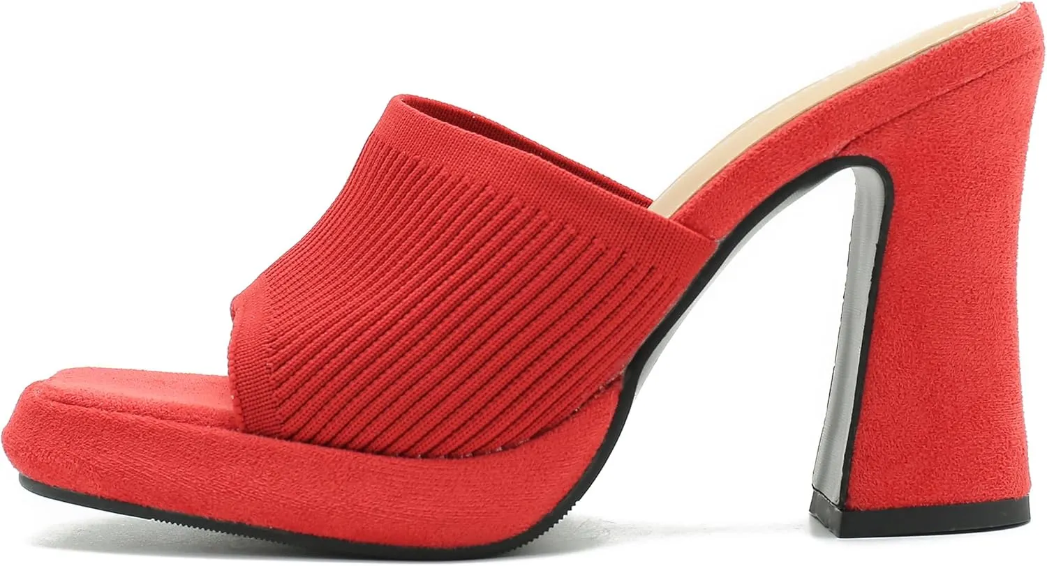 Women's Knit Platform Heels Square Toe High Chunky Heeled Mule Dress Party Sandals
