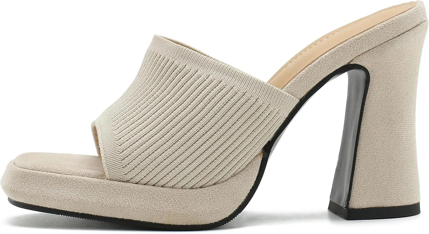 Women's Knit Platform Heels Square Toe High Chunky Heeled Mule Dress Party Sandals