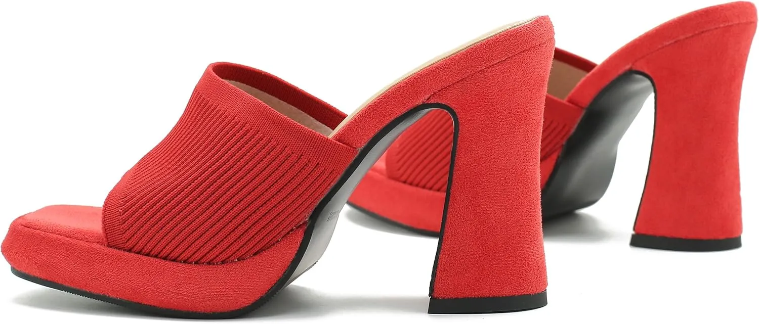 Women's Knit Platform Heels Square Toe High Chunky Heeled Mule Dress Party Sandals