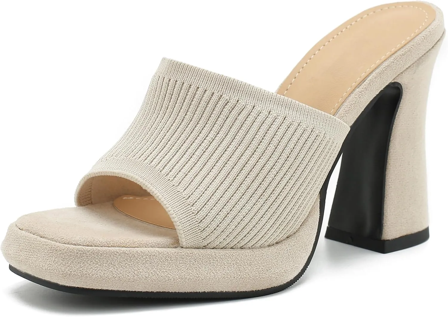 Women's Knit Platform Heels Square Toe High Chunky Heeled Mule Dress Party Sandals