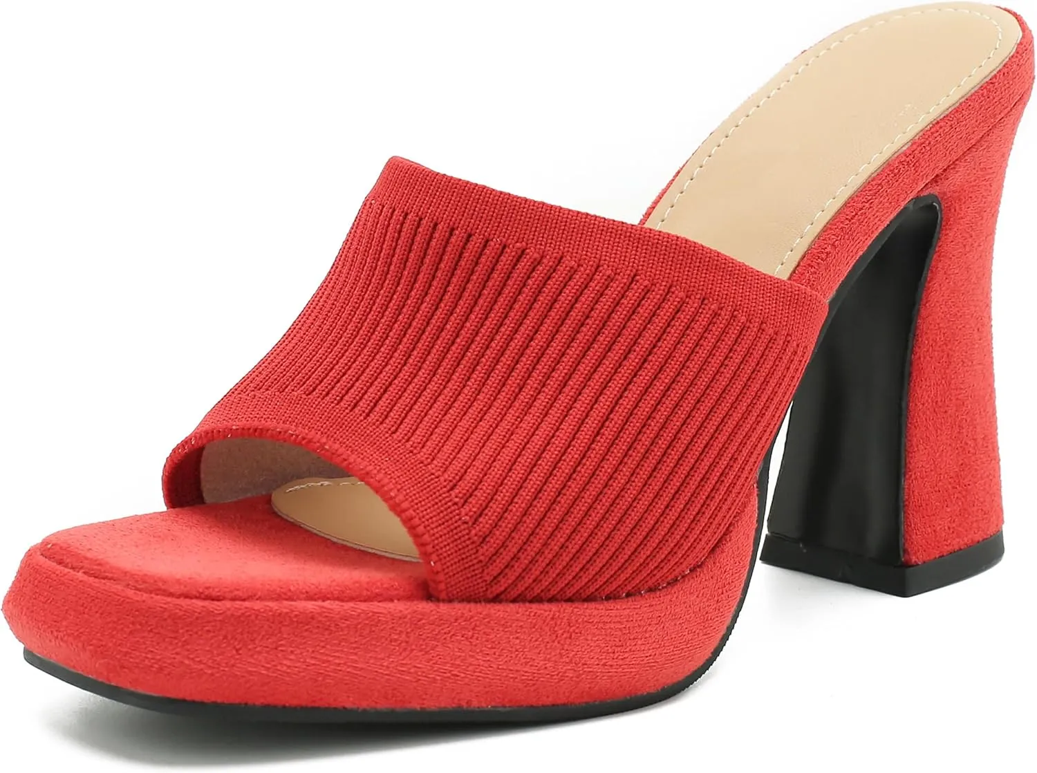 Women's Knit Platform Heels Square Toe High Chunky Heeled Mule Dress Party Sandals