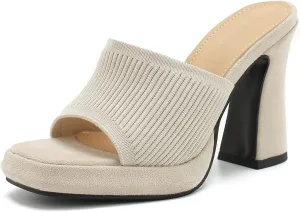 Women's Knit Platform Heels Square Toe High Chunky Heeled Mule Dress Party Sandals