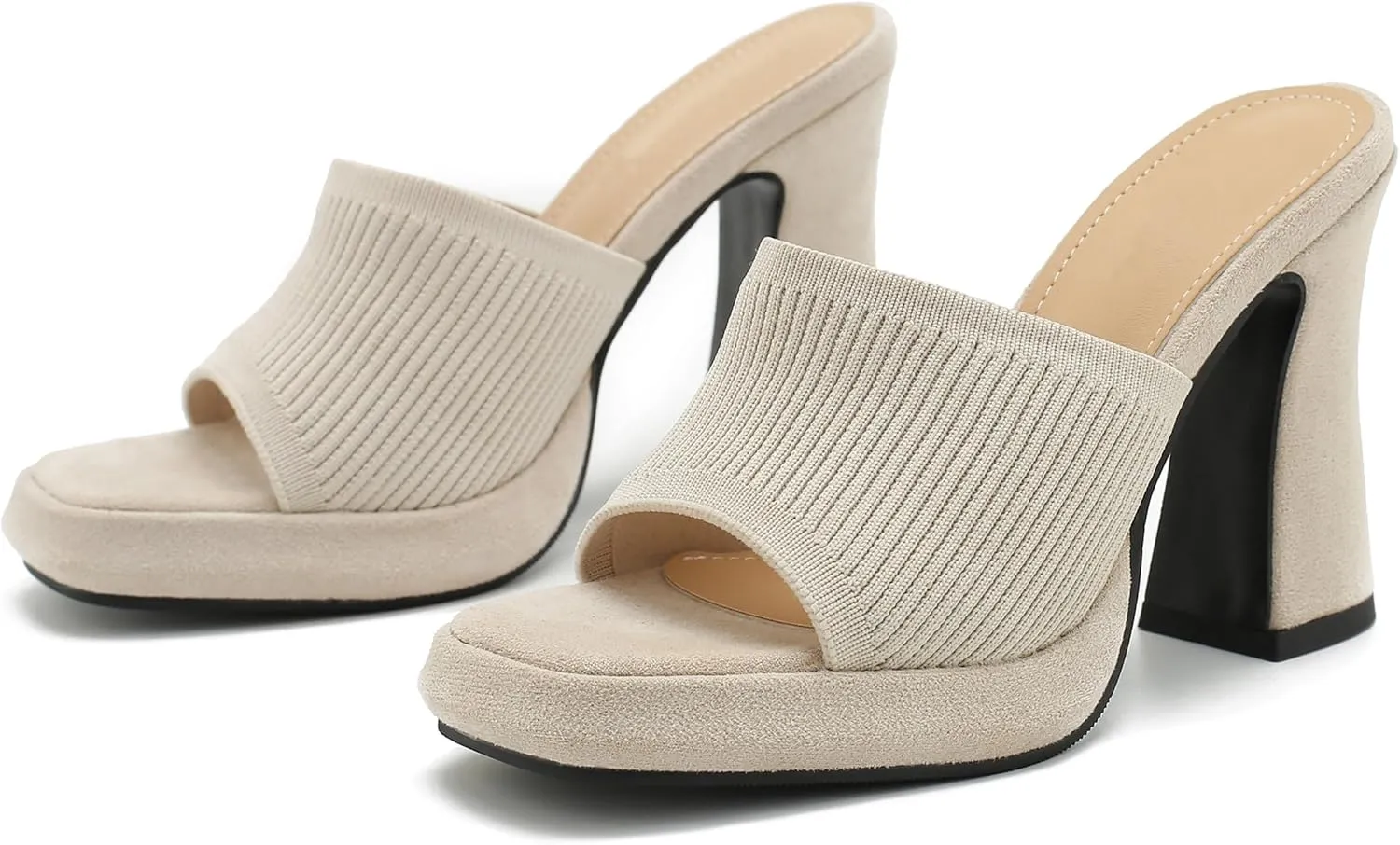 Women's Knit Platform Heels Square Toe High Chunky Heeled Mule Dress Party Sandals