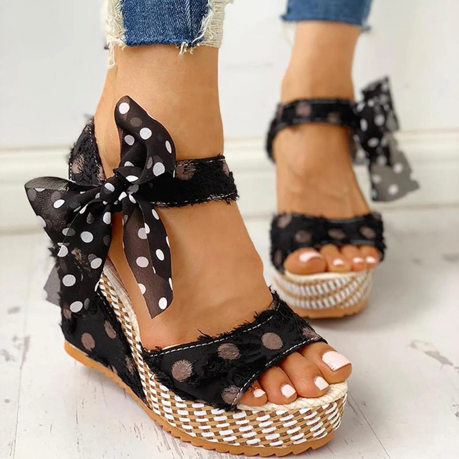 Women's Platform Sandals Wedge Open Toe Ankle Strap Lace Wedding Bridesmaid Shoes Comfortable Low Heel Casual Summer Wide