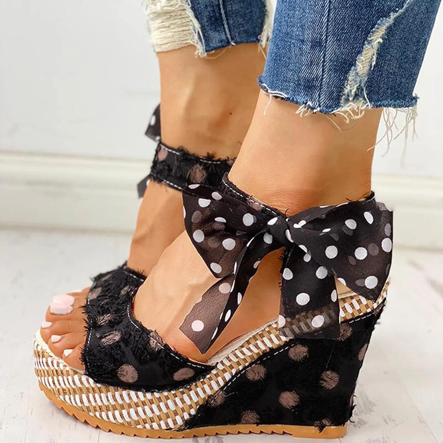 Women's Platform Sandals Wedge Open Toe Ankle Strap Lace Wedding Bridesmaid Shoes Comfortable Low Heel Casual Summer Wide