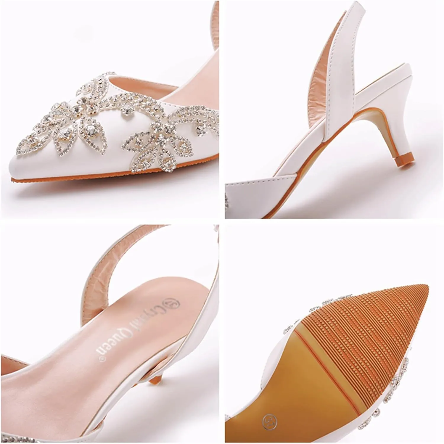 Women's Rhinestone Closed Toe Kitten Heels Pumps,Pointed Toe Slip On Low Heels Mule Shoes Fashion Slingback Wedding Party Dress Sandals
