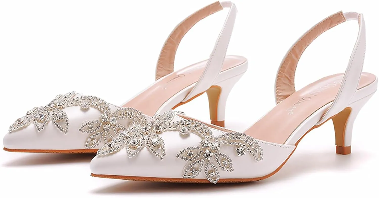 Women's Rhinestone Closed Toe Kitten Heels Pumps,Pointed Toe Slip On Low Heels Mule Shoes Fashion Slingback Wedding Party Dress Sandals