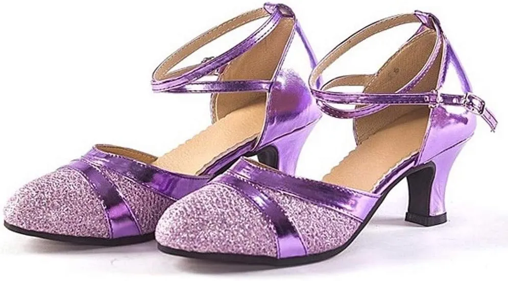 Women's Sequin High Heel Sandals Closed Toe Strappy Anckle Buckle Shiny Wedding Party Pump Casual Dressy Dance Shoes