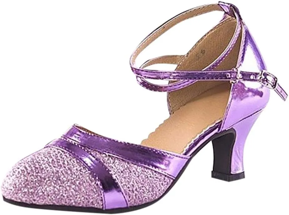 Women's Sequin High Heel Sandals Closed Toe Strappy Anckle Buckle Shiny Wedding Party Pump Casual Dressy Dance Shoes