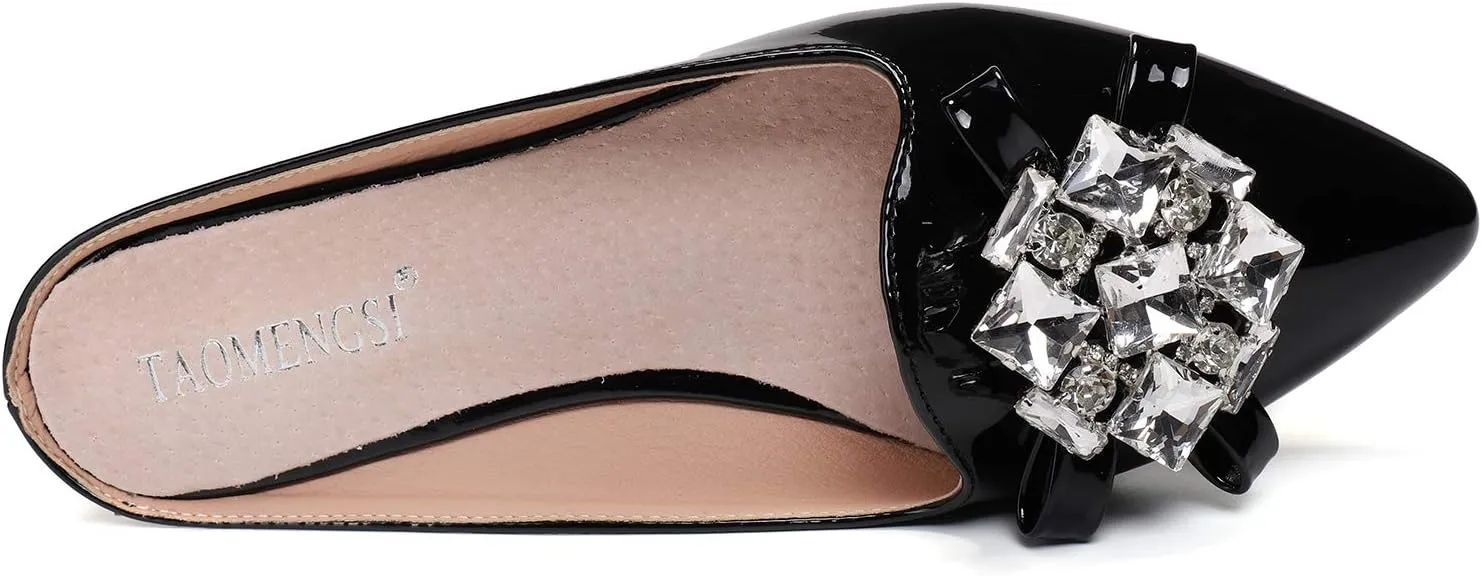 Women's Suede Leather Mules Mules for Woman Rhinestone Flats Comfortable Slip on Women Mule Shoe