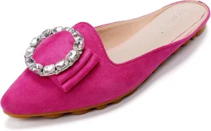 Women's Suede Leather Mules Mules for Woman Rhinestone Flats Comfortable Slip on Women Mule Shoe