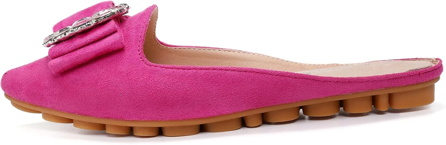 Women's Suede Leather Mules Mules for Woman Rhinestone Flats Comfortable Slip on Women Mule Shoe