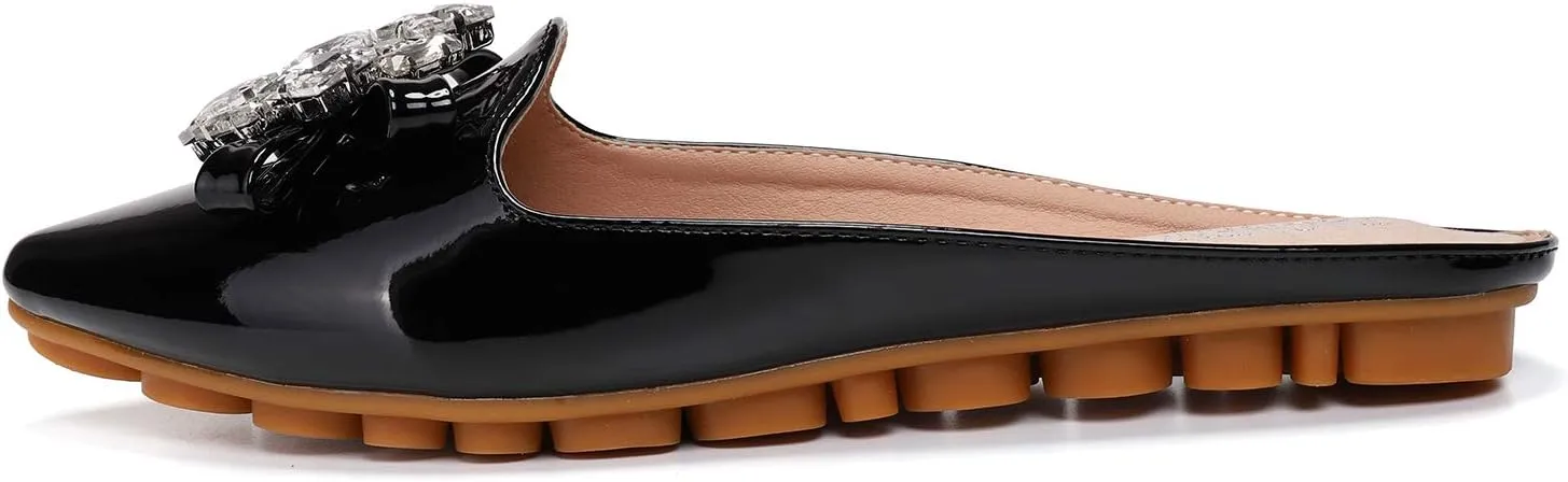 Women's Suede Leather Mules Mules for Woman Rhinestone Flats Comfortable Slip on Women Mule Shoe