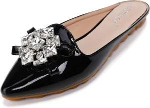 Women's Suede Leather Mules Mules for Woman Rhinestone Flats Comfortable Slip on Women Mule Shoe