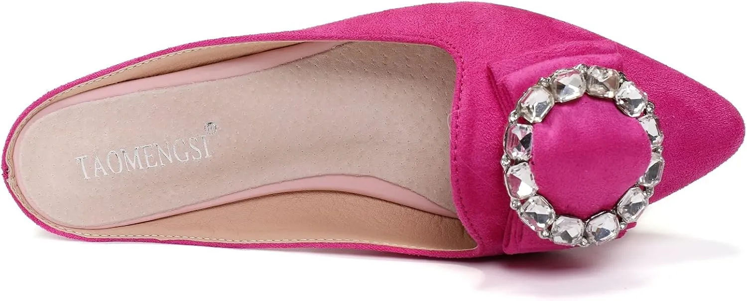 Women's Suede Leather Mules Mules for Woman Rhinestone Flats Comfortable Slip on Women Mule Shoe