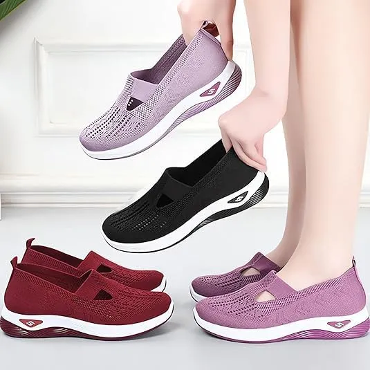 Women's Woven Orthopedic Breathable Soft Shoes Slip On Arch Support Walking Flying Sneakers Diabetic Foam Walking Shoes