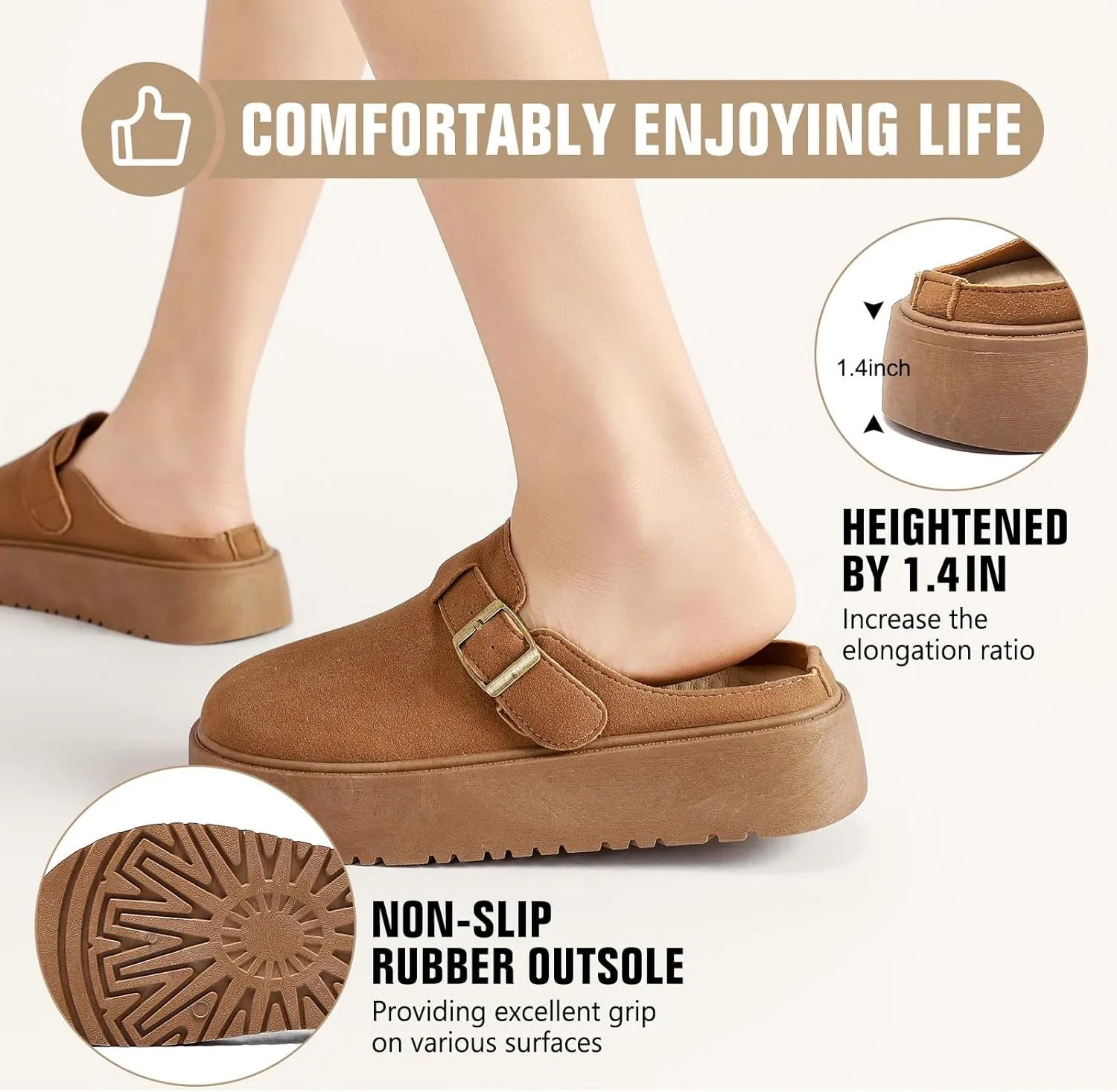XTJSCBDSH Suede Clogs for Women Adjustable Buckle Platform Mules Cork Footbed Sandals Slip On Slippers Potato Shoes with Arch Support