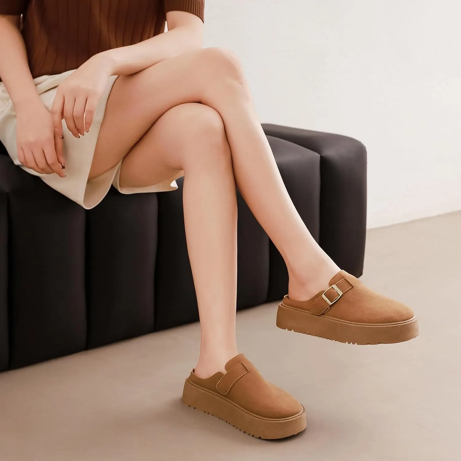 XTJSCBDSH Suede Clogs for Women Adjustable Buckle Platform Mules Cork Footbed Sandals Slip On Slippers Potato Shoes with Arch Support