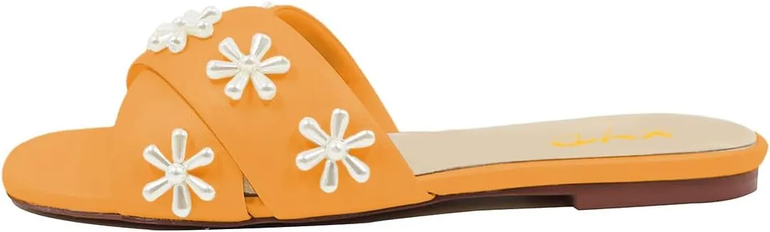 XYD Women Bloom Pearl Flower Flat Sandals for Bride Wedding Open Toe Mules Crossover Strap Dress Shoes