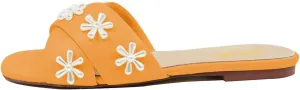 XYD Women Bloom Pearl Flower Flat Sandals for Bride Wedding Open Toe Mules Crossover Strap Dress Shoes