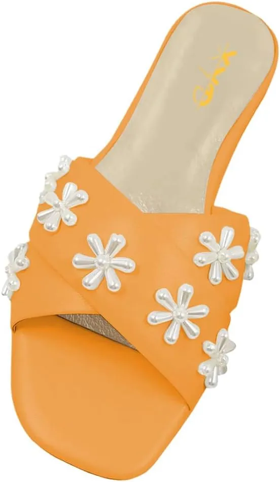 XYD Women Bloom Pearl Flower Flat Sandals for Bride Wedding Open Toe Mules Crossover Strap Dress Shoes
