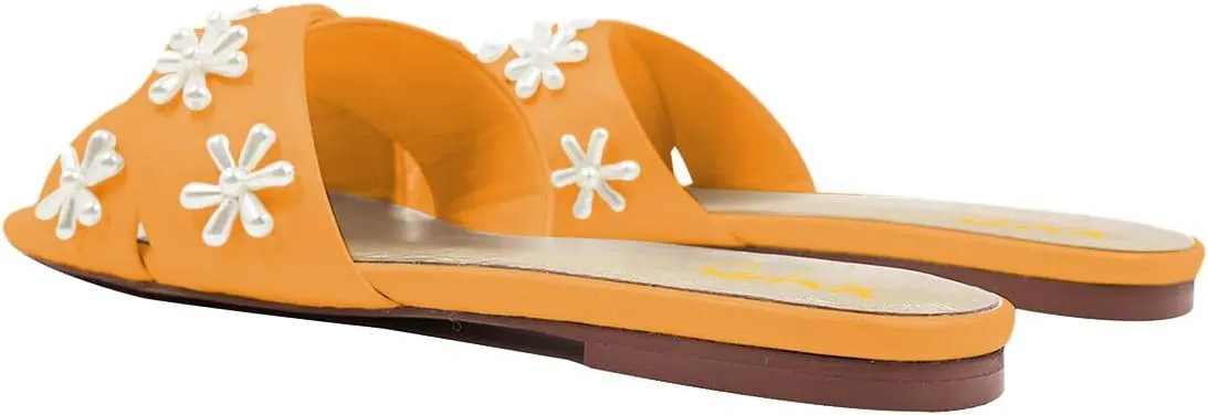 XYD Women Bloom Pearl Flower Flat Sandals for Bride Wedding Open Toe Mules Crossover Strap Dress Shoes
