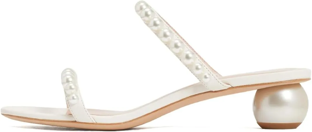 XYD Women Pearl Slide Sandals Spherical Low Heels Open Toe Beaded Two Straps Summer Casual Dress Slippers Shoes