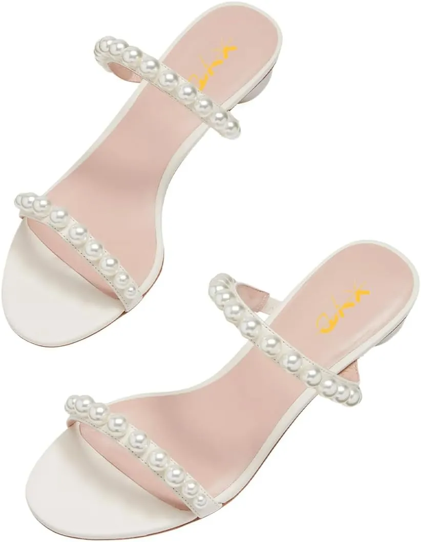 XYD Women Pearl Slide Sandals Spherical Low Heels Open Toe Beaded Two Straps Summer Casual Dress Slippers Shoes