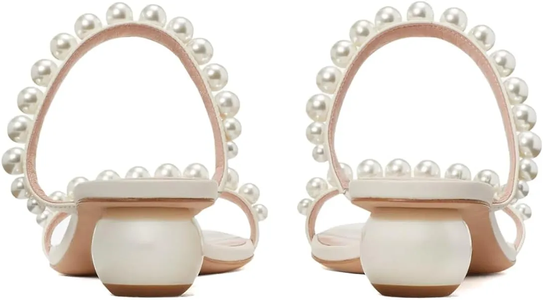 XYD Women Pearl Slide Sandals Spherical Low Heels Open Toe Beaded Two Straps Summer Casual Dress Slippers Shoes
