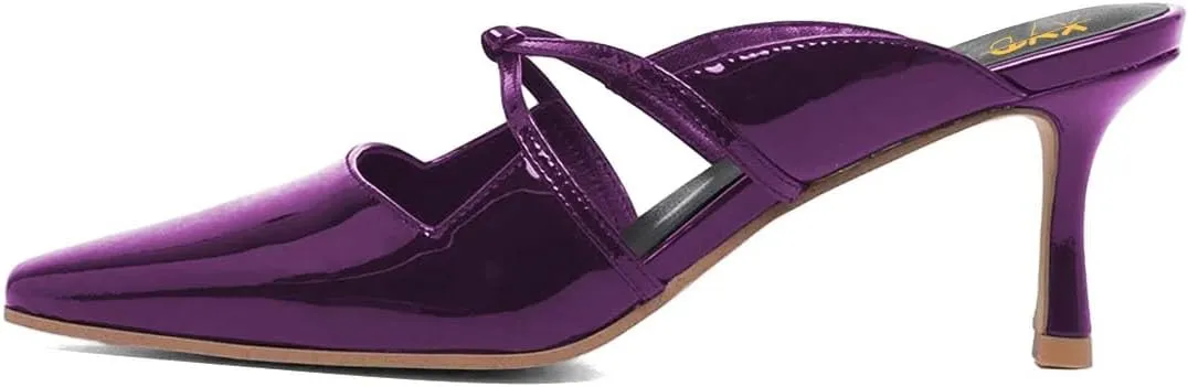 XYD Women Square Toe High Heel Mules Smooth Leather Bowknot Easy Slide On Slippers Ladies Dress Casual Shoes