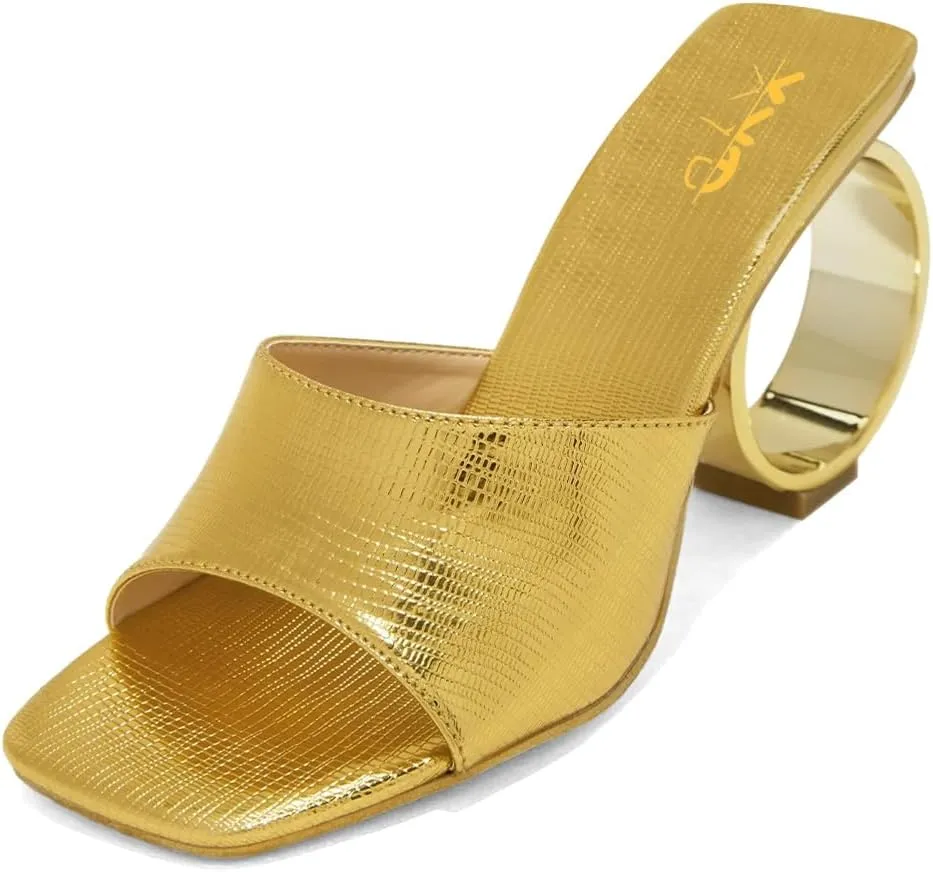 XYD Women Summer Chic Open Square Toe Slide Sandals Round Circle High Heels Slip On Mules Shoes for Event Party Beach Wedding