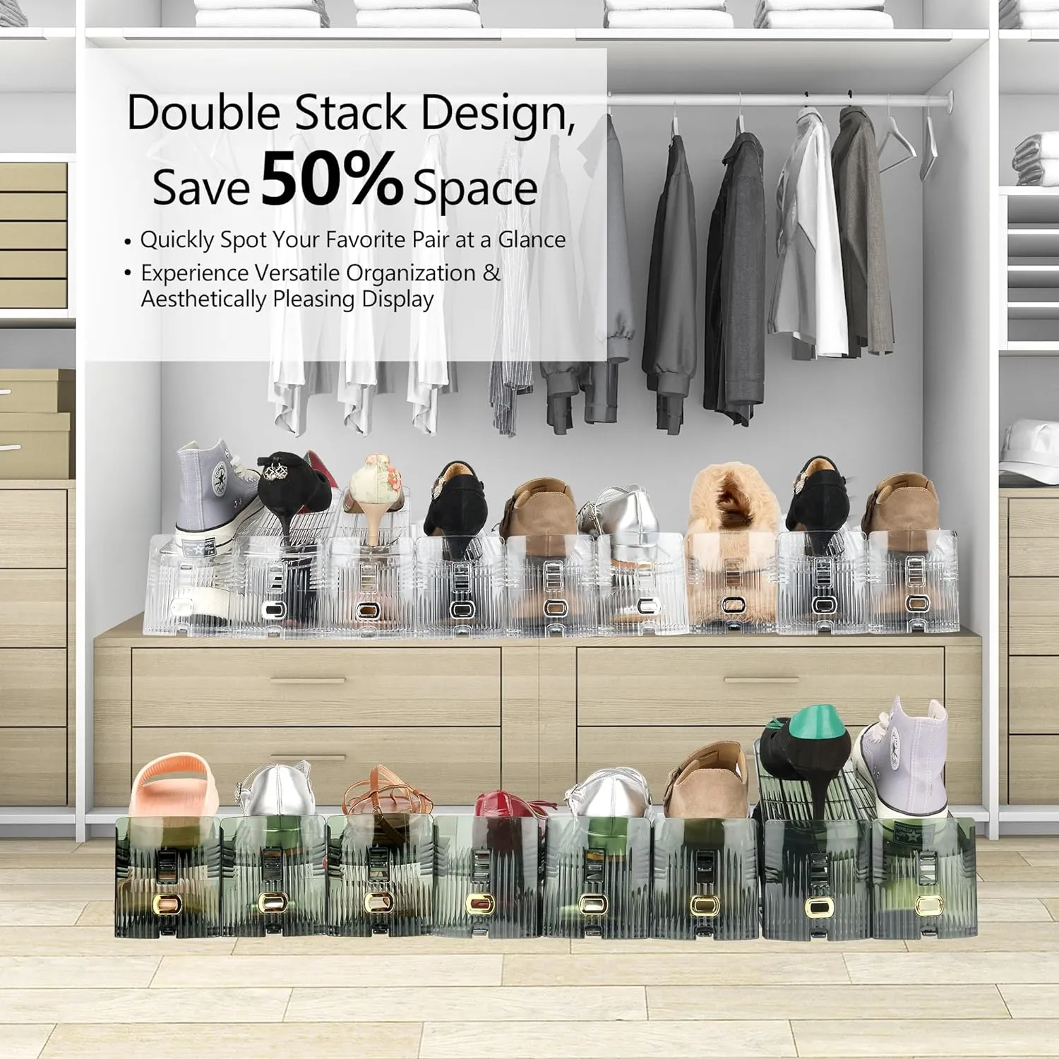 Yes!Fresh Shoe Slots Organizer, Boutique Display Style Shoe Stacker for A Pair of Shoes, Separable Shoe Rack for Closet Organization, 3 Adjustable Narrow Shoe Rack (Clear, 20 Pack)