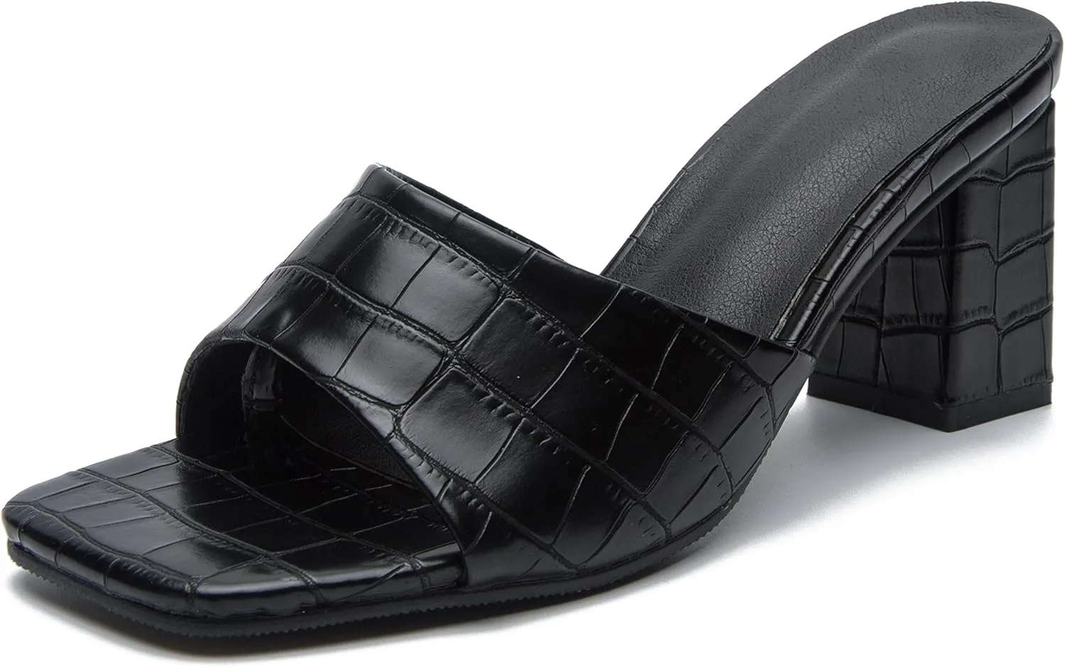 YooPrettyz Womens Slide Shoes Chunky Block Heels Thong Strap Summer Slip Ons Crocodile Retro Square Toe Mule Sandals