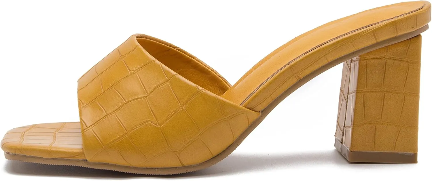 YooPrettyz Womens Slide Shoes Chunky Block Heels Thong Strap Summer Slip Ons Crocodile Retro Square Toe Mule Sandals