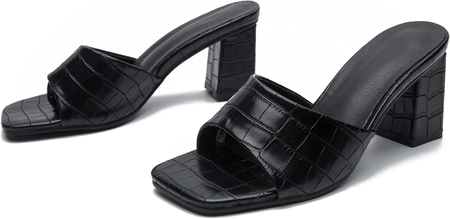 YooPrettyz Womens Slide Shoes Chunky Block Heels Thong Strap Summer Slip Ons Crocodile Retro Square Toe Mule Sandals