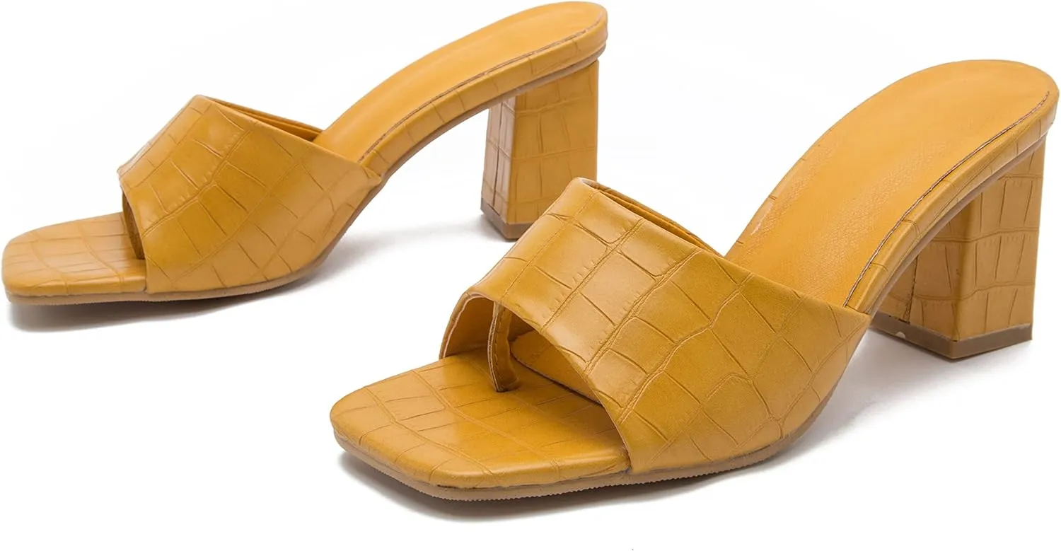 YooPrettyz Womens Slide Shoes Chunky Block Heels Thong Strap Summer Slip Ons Crocodile Retro Square Toe Mule Sandals