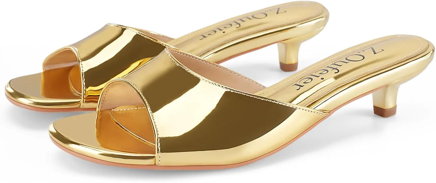 Z.Oufeier Women's Low Kitten Heeled Slide Sandals Round Open Toe Slip On Mules For Party Dress Wedding