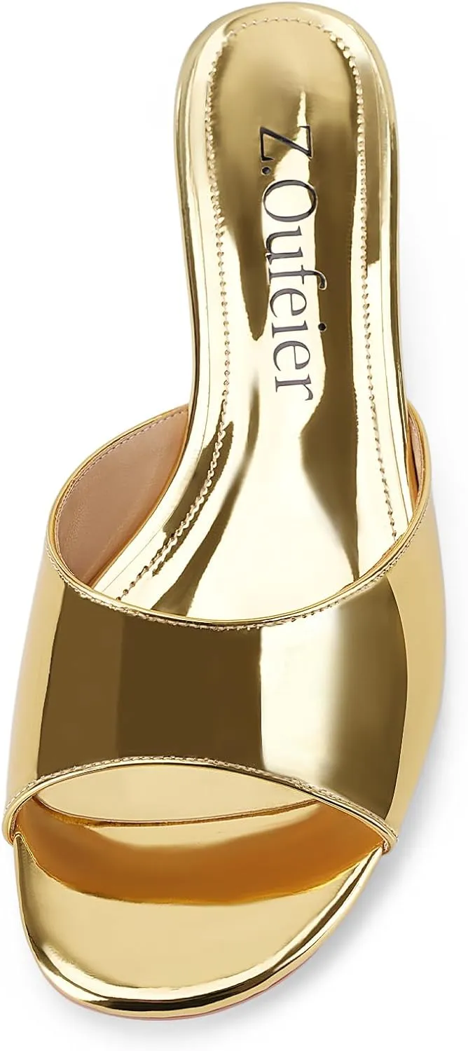 Z.Oufeier Women's Low Kitten Heeled Slide Sandals Round Open Toe Slip On Mules For Party Dress Wedding